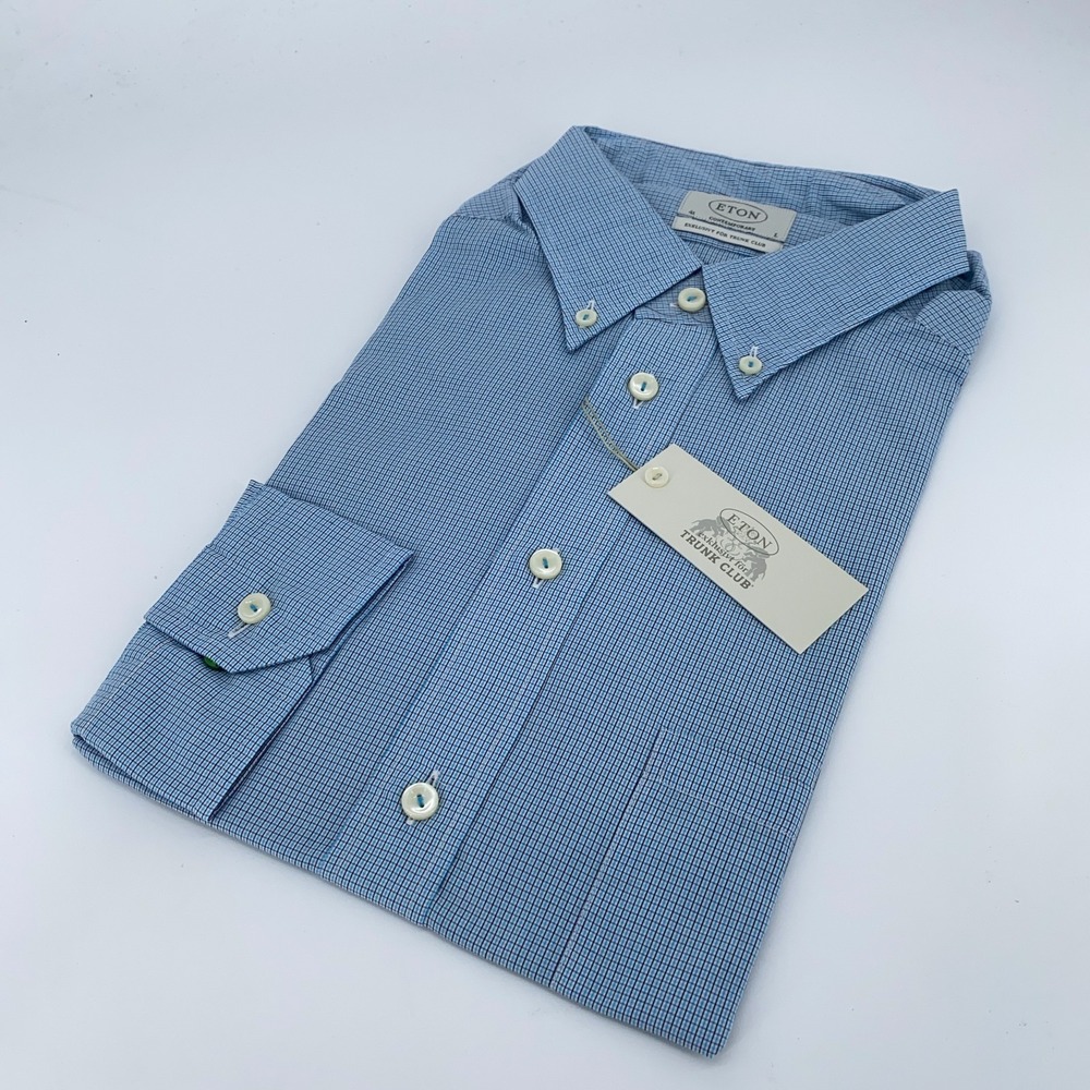 Eton Dress Shirt Mens L-41 Blue Check Trunk Club Formal Contemporary Button Up‎